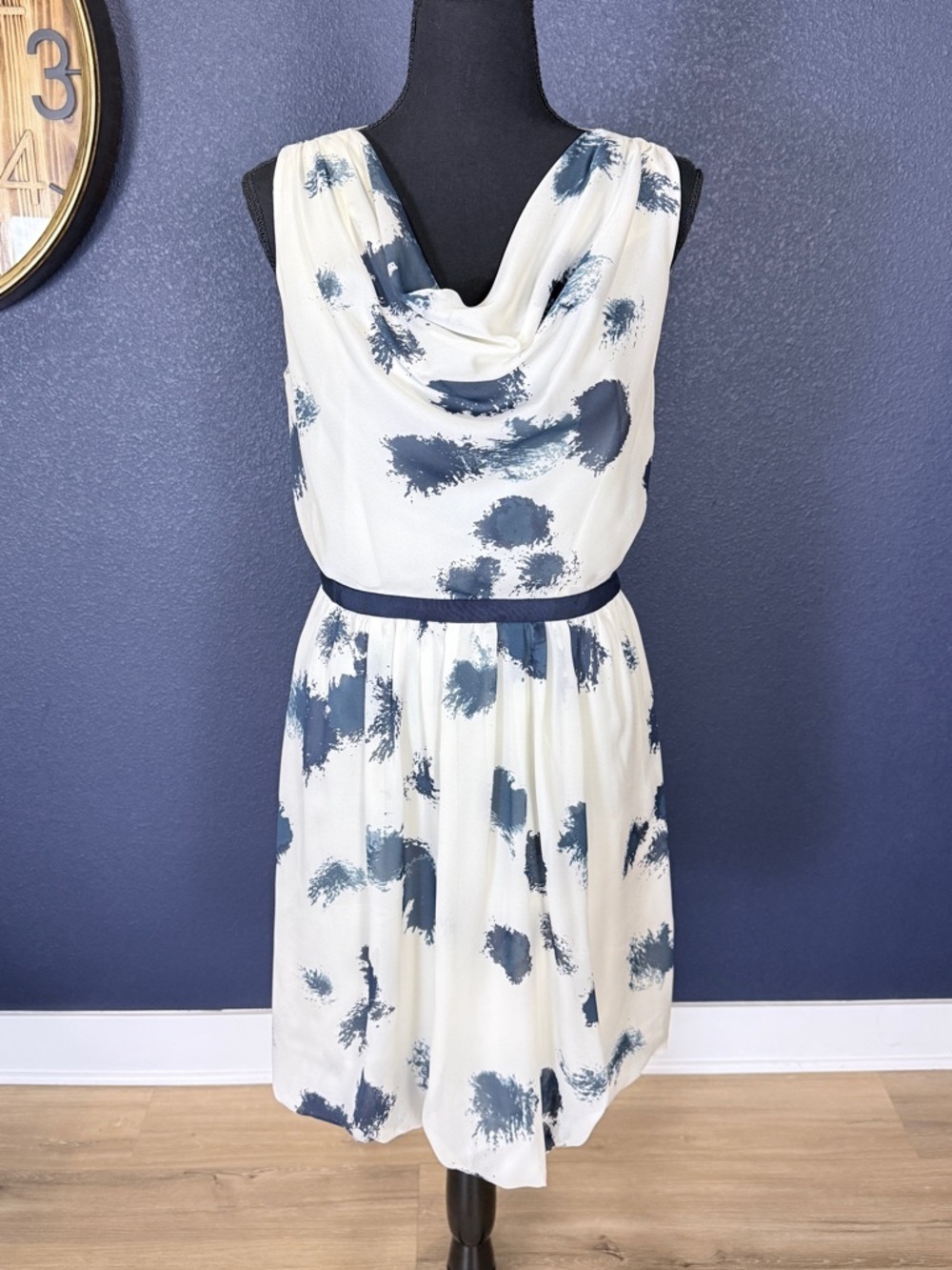 LOFT Cream Blue Brushstroke Print Sleeveless Cowl Neck Fit Flare Dress | 6